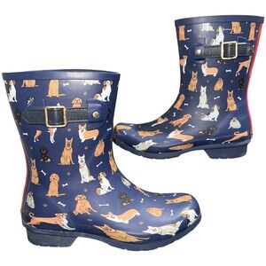 Chooka Dog Print Rain Boots Navy Mid Calf Rubber Womens 7